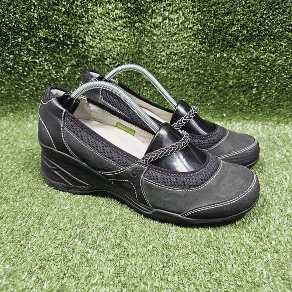 Ahnu Olivia Black Leather Mary‎ Jane Wedge Heel Comfort Sandals Womens Size 9 - Picture 1 of 13